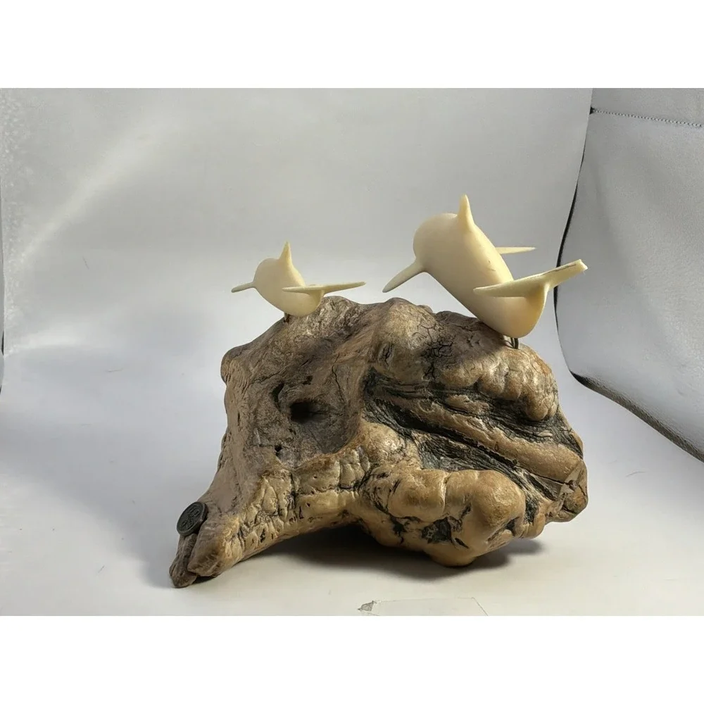 John Perry Parent & Baby Dolphin Sculpture On Burl Wood OnHas Broken Tail Shark?